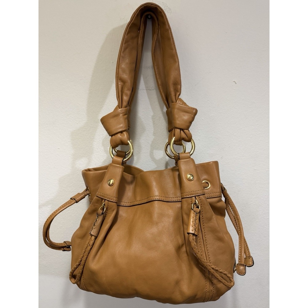 B. Makowsky Tan Leather Goldtone Accent Shoulder Bag Medium Purse